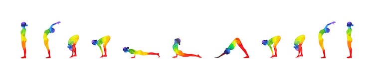 Rainbow colored illustration of a woman doing sun salutation poses. 